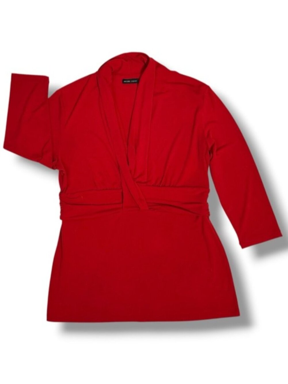New York & Company Top Blouse Draped Waist Deep V Neck 3/4 Sleeve Tunic Red XL - Picture 2 of 16